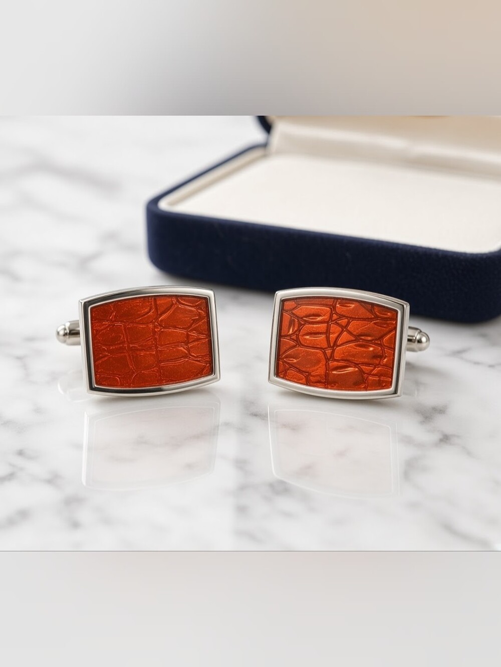 Roundtree & Yorke Red Crocodile Embossed Silver Tone Rectangular Cufflinks